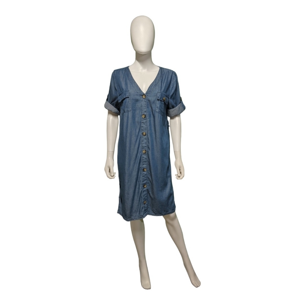 Allison Britney Blue Knee Length Shirt Dress, XL